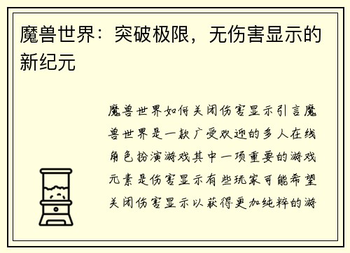 魔兽世界：突破极限，无伤害显示的新纪元